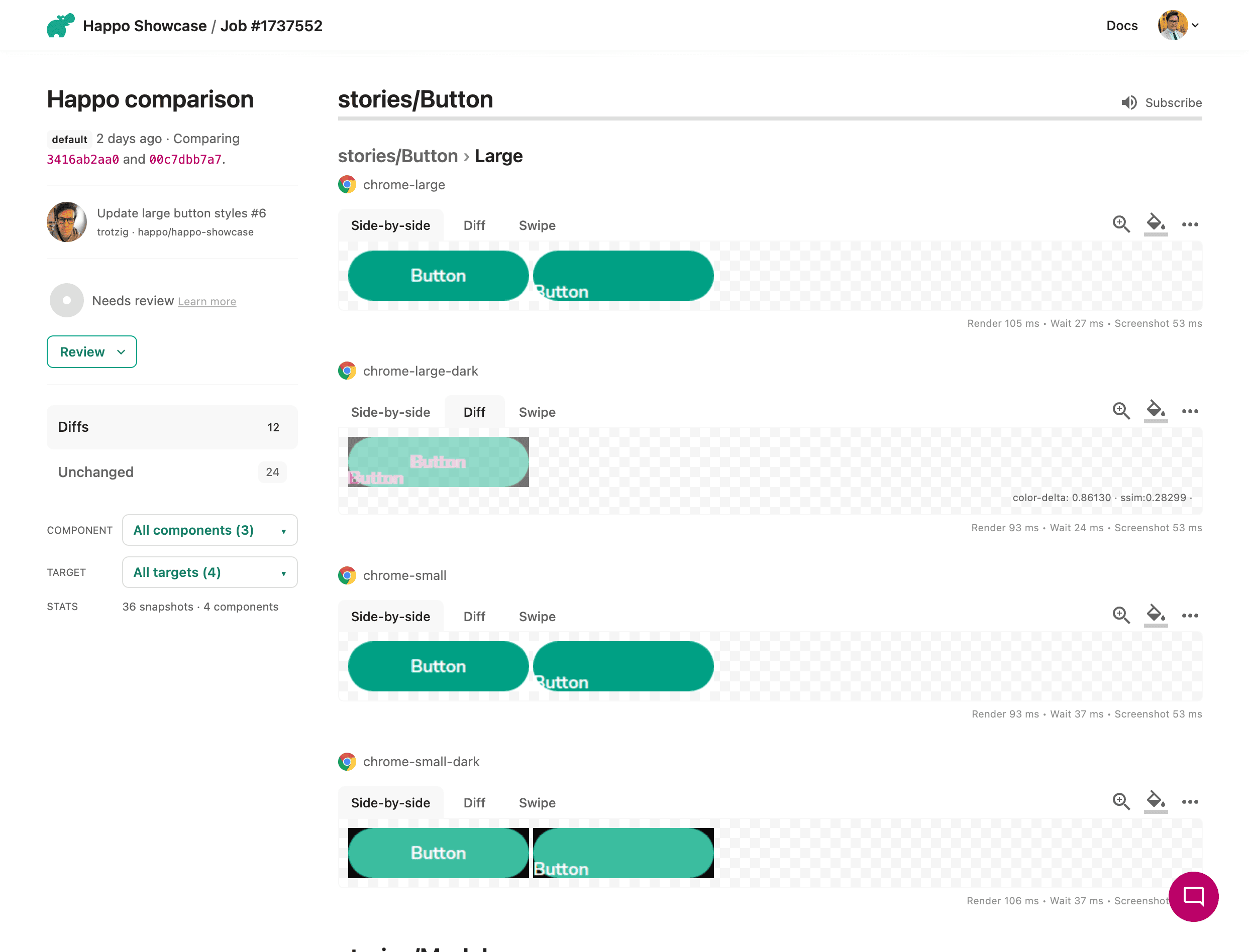 An example of a Happo comparison between two versions of a UI