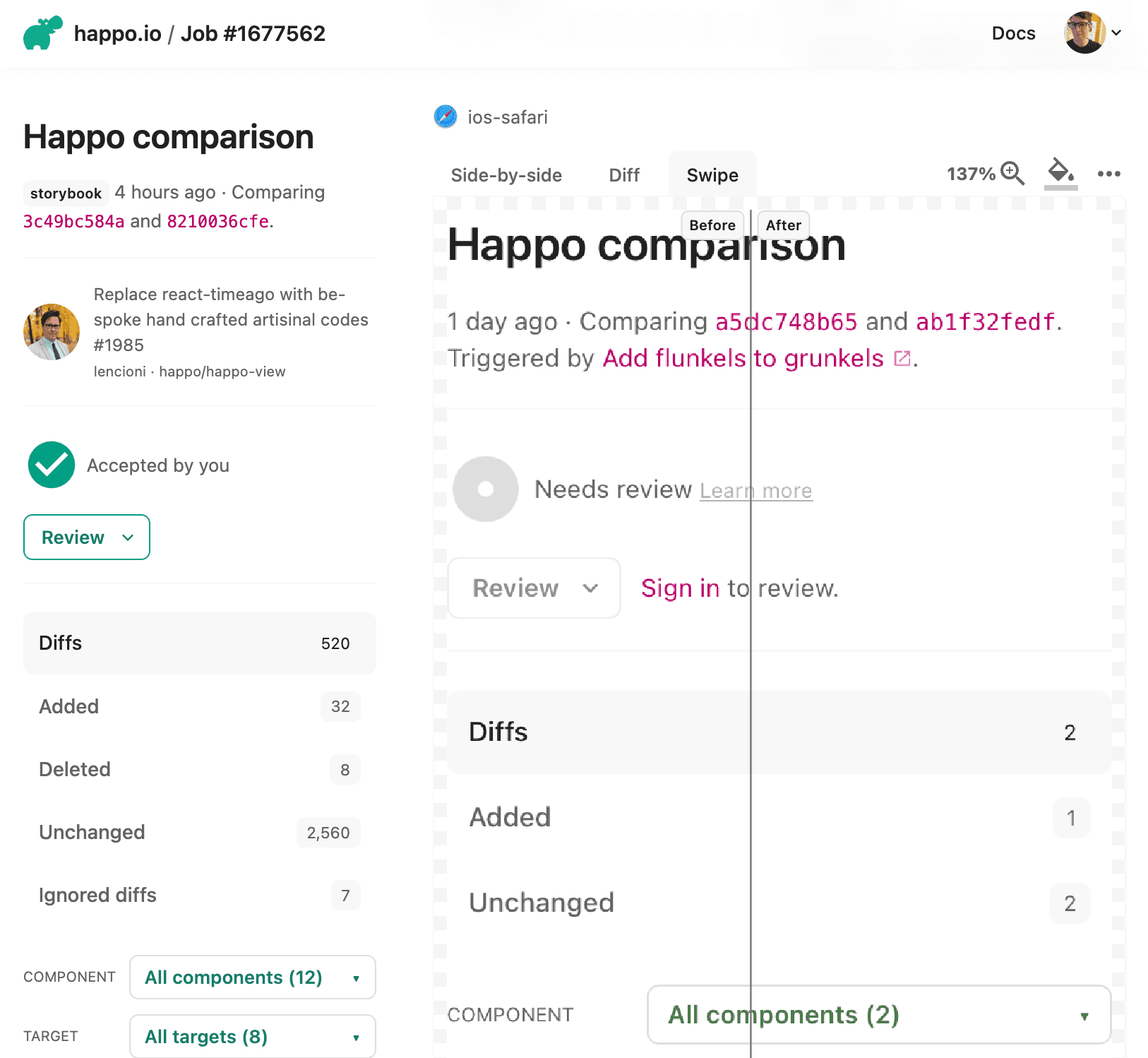 Screenshot of the swipe view
