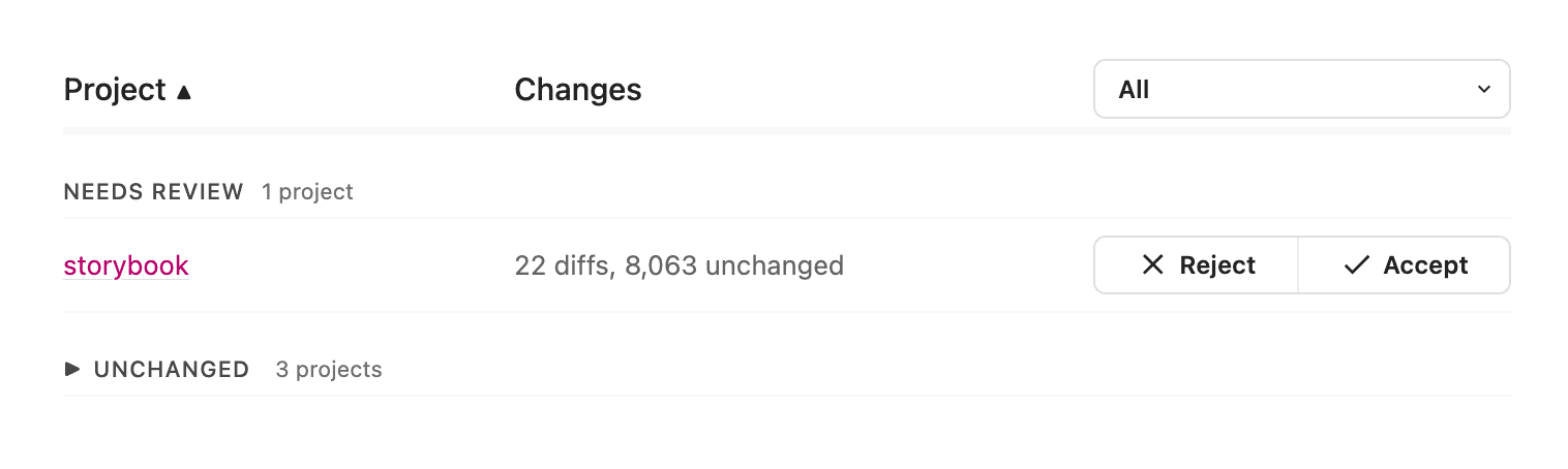 Job page showing a Needs Review project with Accept and Reject buttons, and unchanged projects collapsed