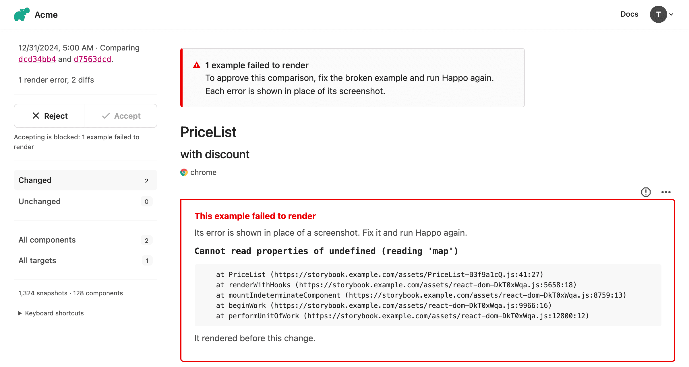 A Happo comparison page where one example failed to render. The error message and stack trace are shown in place of a screenshot, and the Accept button is disabled.