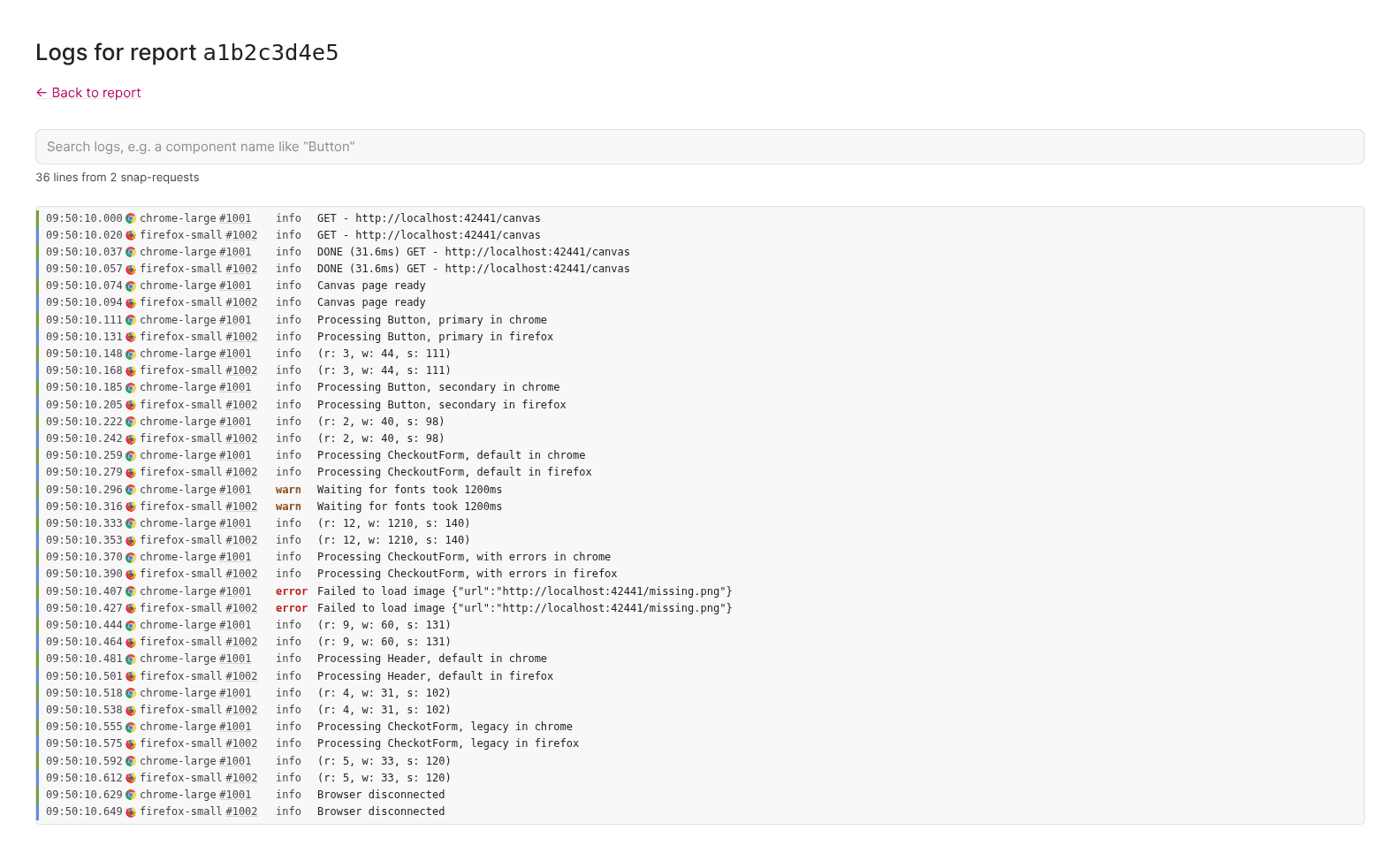 The report logs page, showing lines from a chrome-large and a firefox-small snap-request merged by timestamp