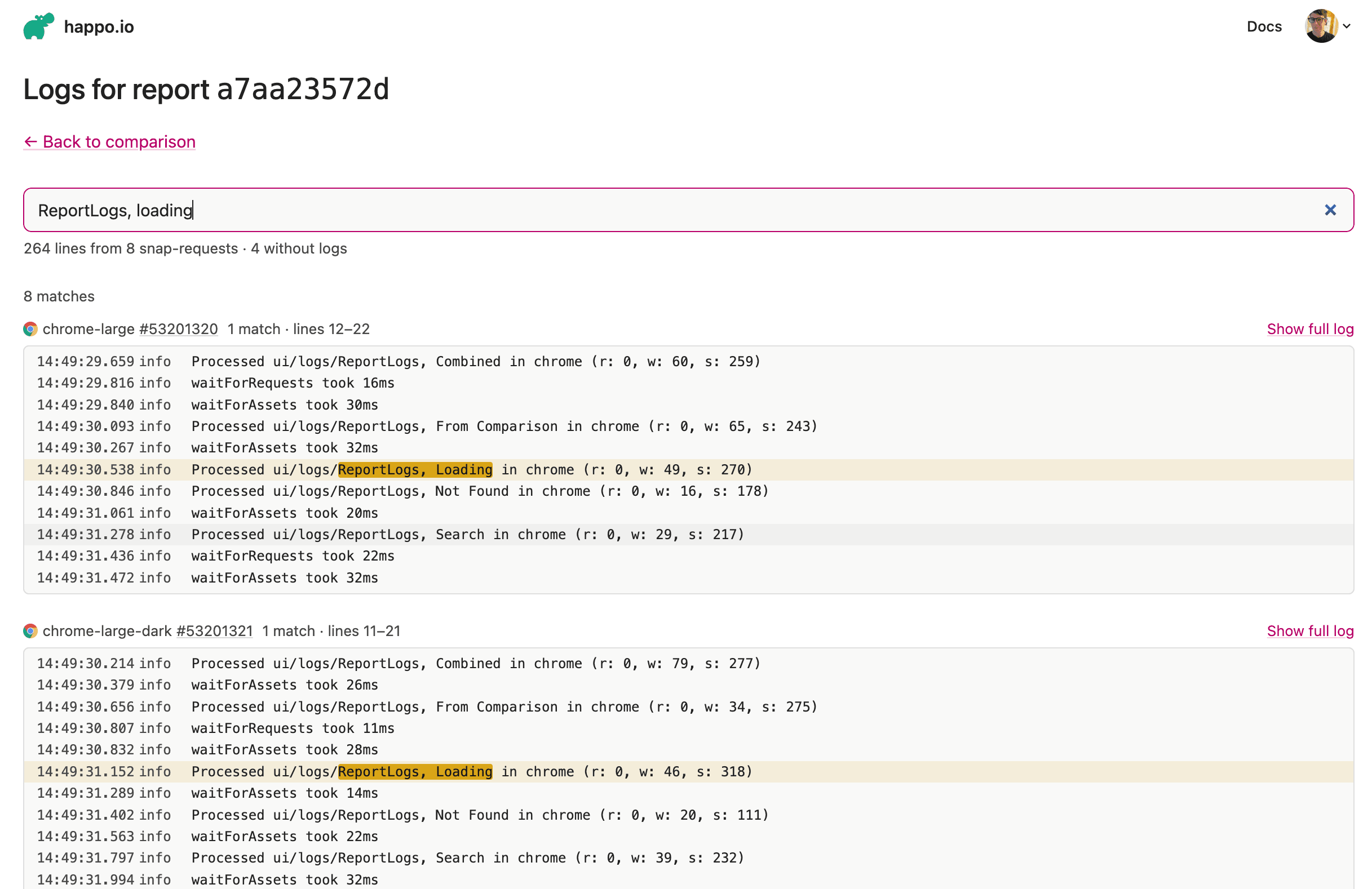 Searching the logs for "ReportLogs, loading", with matches from chrome-large and chrome-large-dark shown with surrounding lines and the matching text highlighted