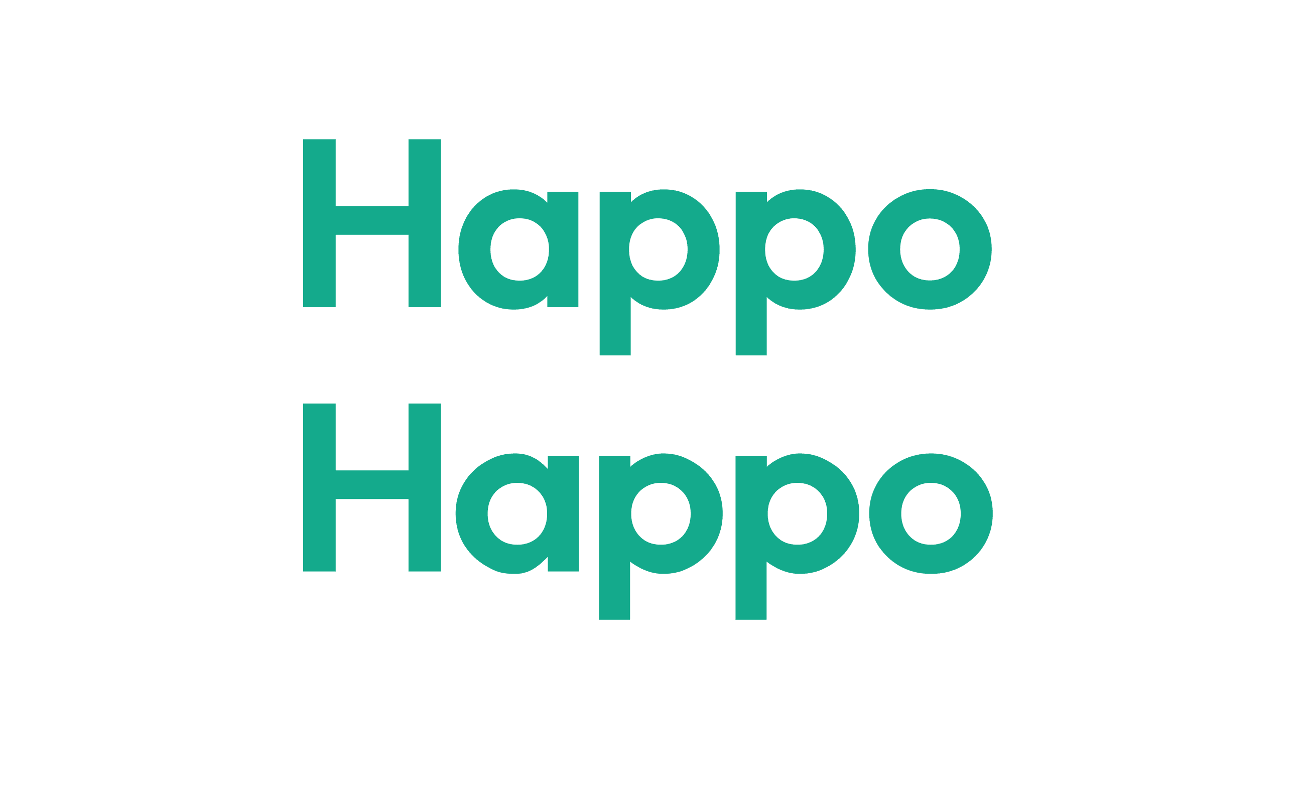 Two versions of the Happo wordmark stacked for comparison: the original Outfit letterforms on top, and below, the same wordmark with the letter bowls adjusted to identical circles